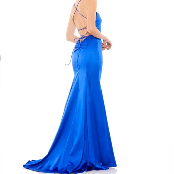 Ieena by Mac Duggal Blue Satin Slip Prom Dress Pageant Formal Gown Size 12 - Picture 2 of 10